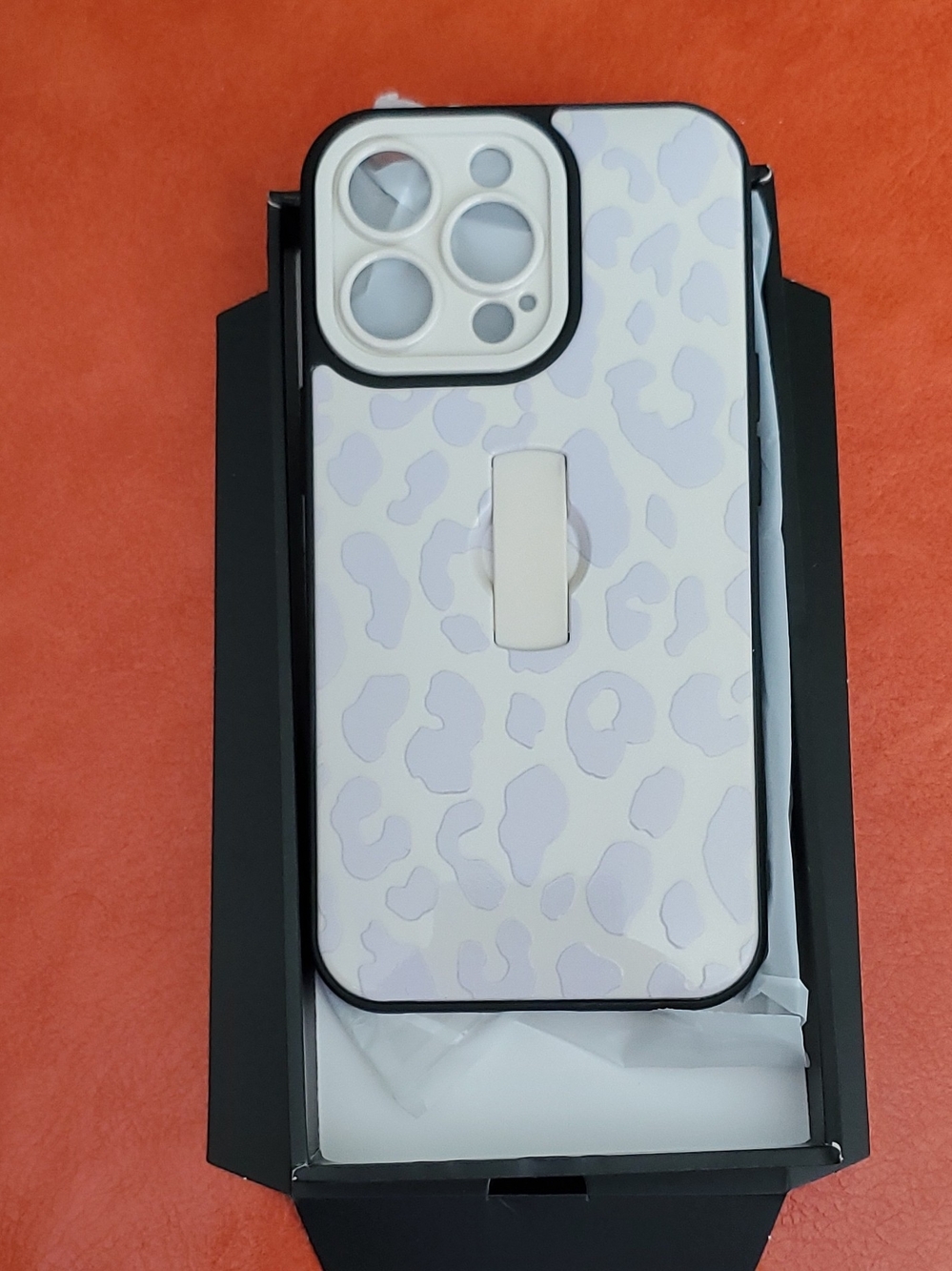 White Leopard Print Phone Case with Built-In Ring Stand